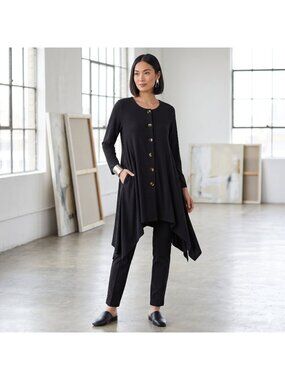 Bryn Walker Tunic Medium Black Gray Asymmetric Hem Boxy Drape Lagenlook Blouse